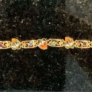 Joan Rivers Enamel Flower Rhinestone Bracelet Gold-tone with Crystals 7.5”